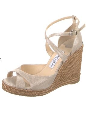 Jimmy Choo Metallic Beige Crisscross Espadrille Wedge Sandals